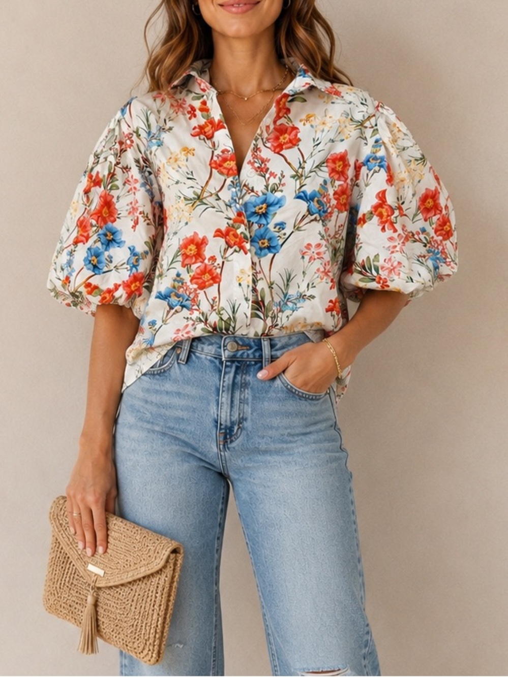 ELLA Floral Puff Sleeve Blouse Size Large White Botanical Print Puff Sleeve